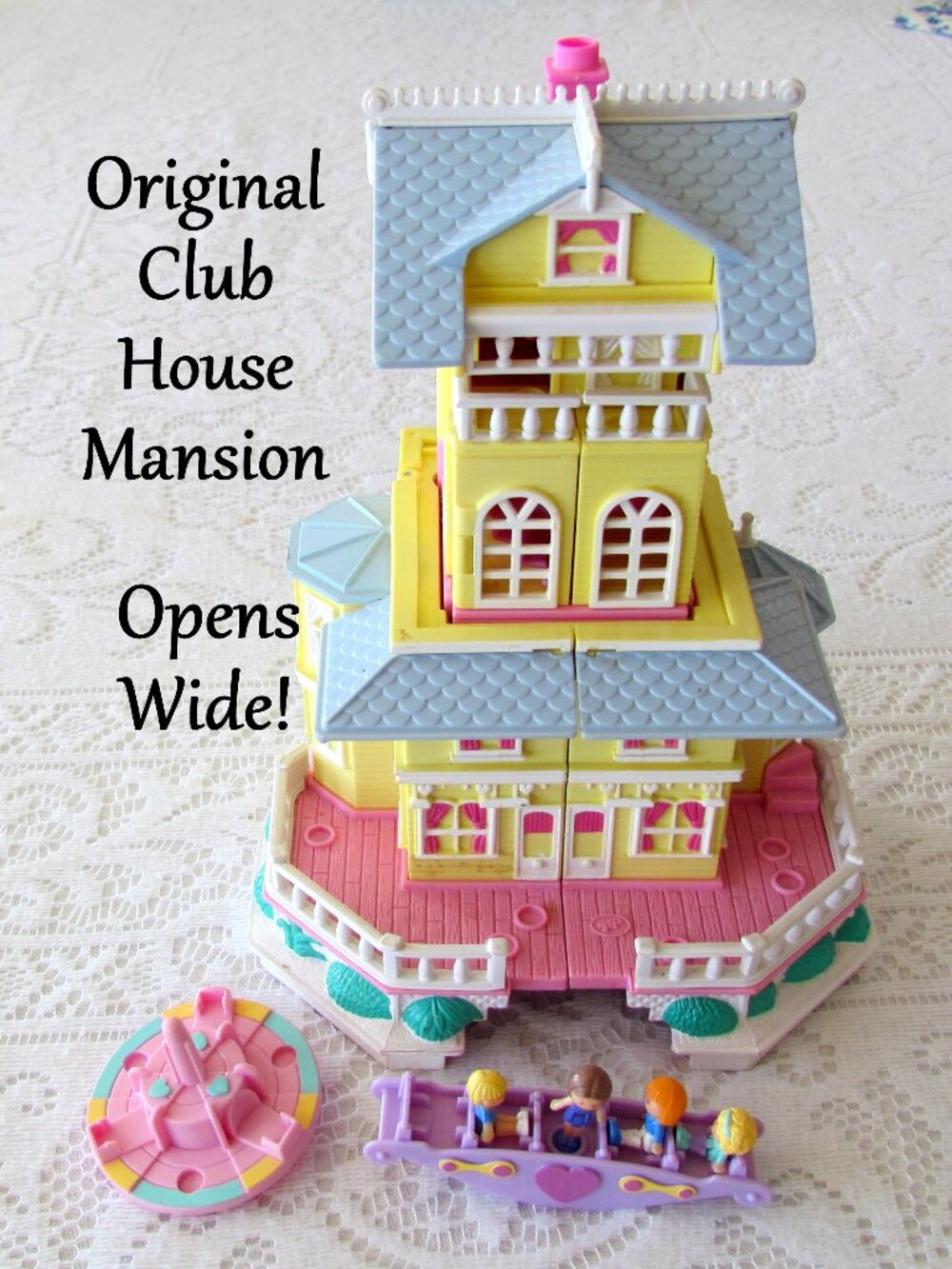 POLLY POCKET CLUBHOUSE MANSION, VINTAGE w MERRY-GO-ROUND, SEESAW; OPENS UP WIDE!